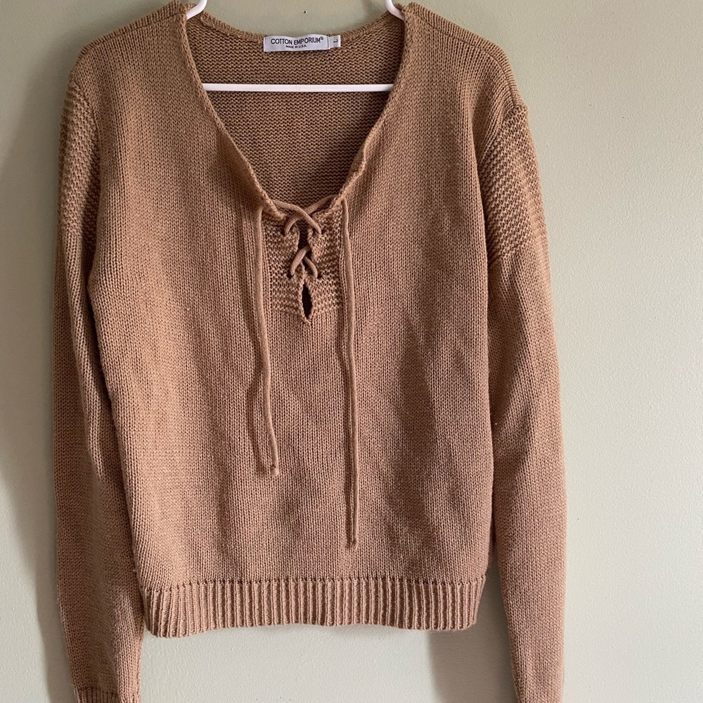 Cotton Emporium Tan Tie Front Sweater Sz L